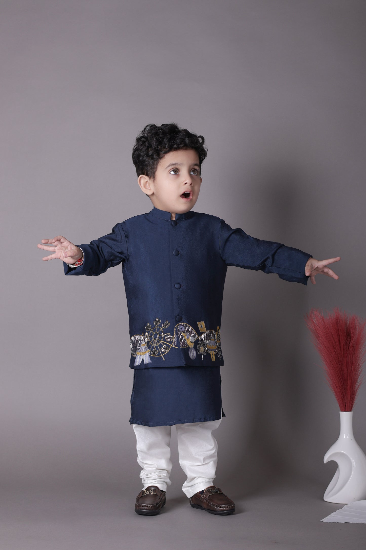 Blue Kurta With Carnival Hand Embroidery Bandhgala And Pajama Set