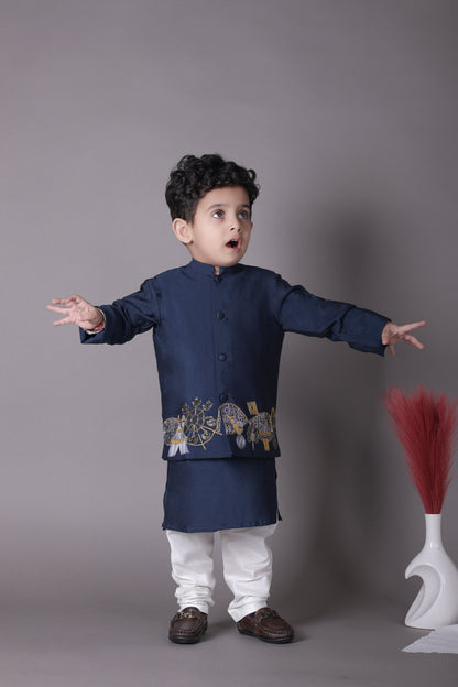 Blue Kurta With Carnival Hand Embroidery Bandhgala And Pajama Set