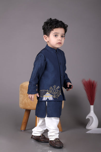 Blue Kurta With Carnival Hand Embroidery Bandhgala And Pajama Set