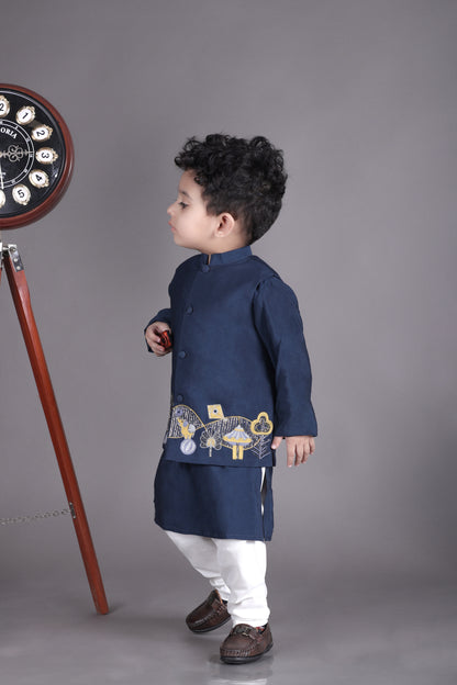 Blue Kurta With Carnival Hand Embroidery Bandhgala And Pajama Set