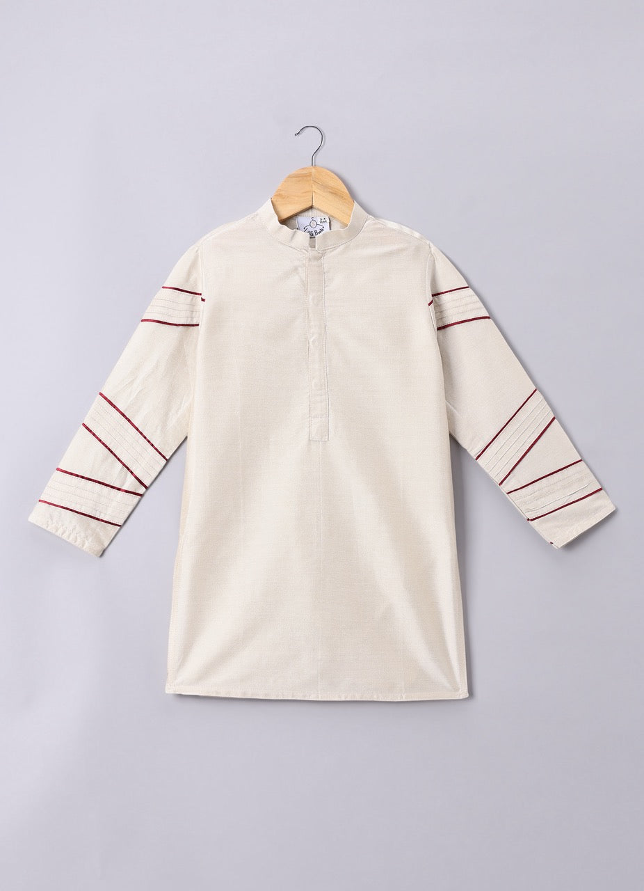 Beidge Pleated In Hand Stylish Kurta With Hand Flower And Branch Embroidery On Bundi Jacket With Pajama Set