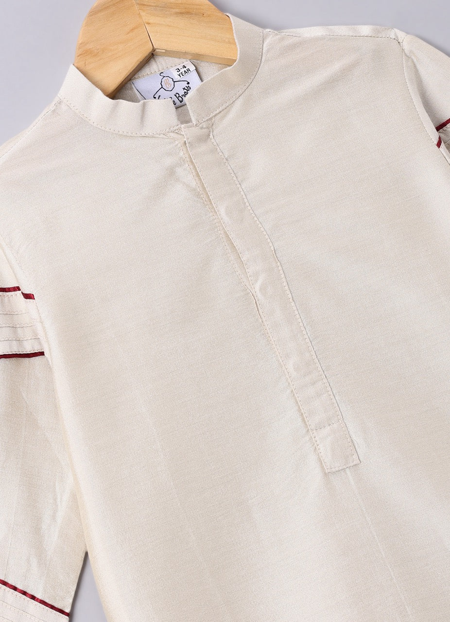 Beidge Pleated In Hand Stylish Kurta With Hand Flower And Branch Embroidery On Bundi Jacket With Pajama Set