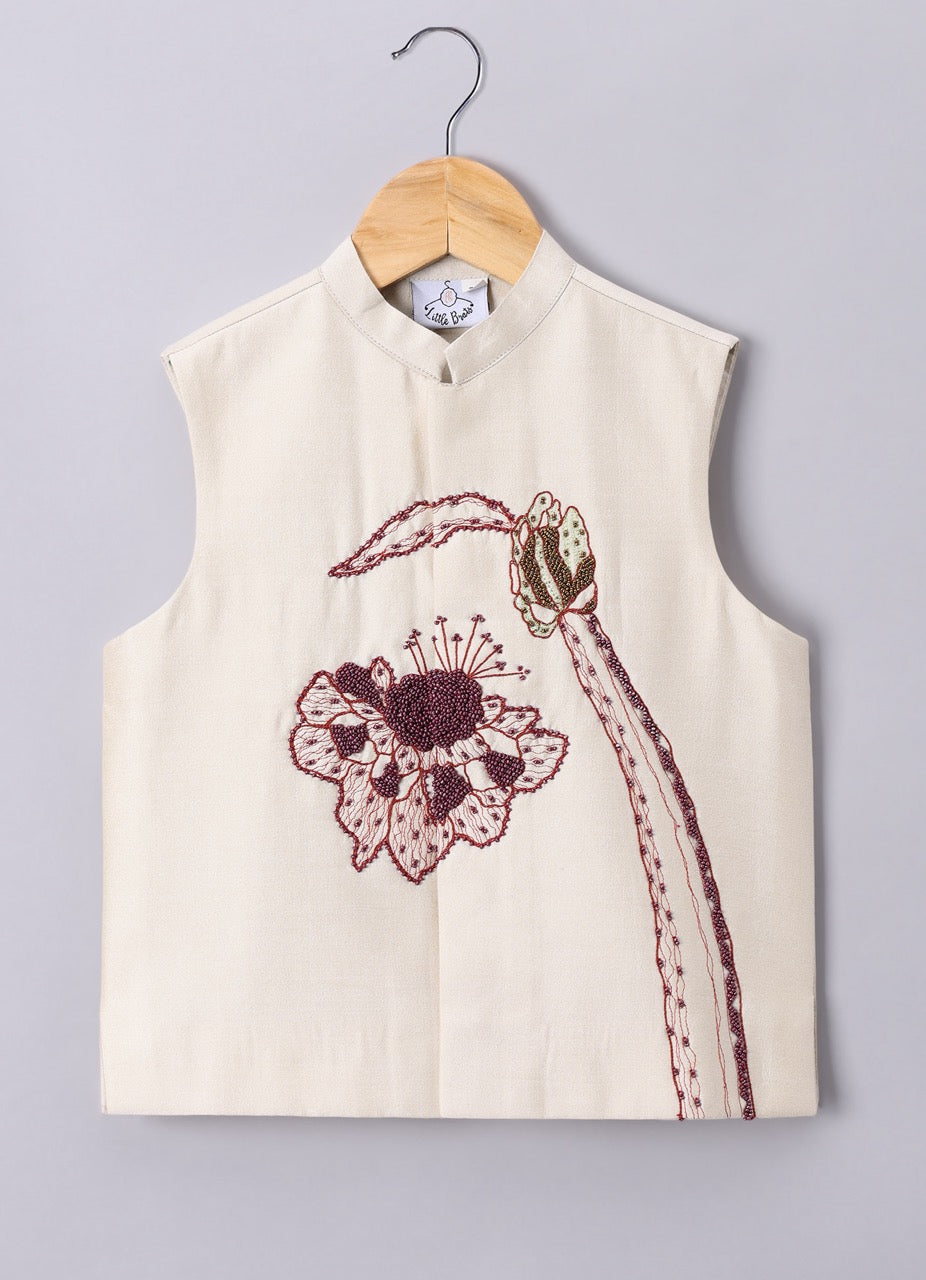 Beidge Pleated In Hand Stylish Kurta With Hand Flower And Branch Embroidery On Bundi Jacket With Pajama Set