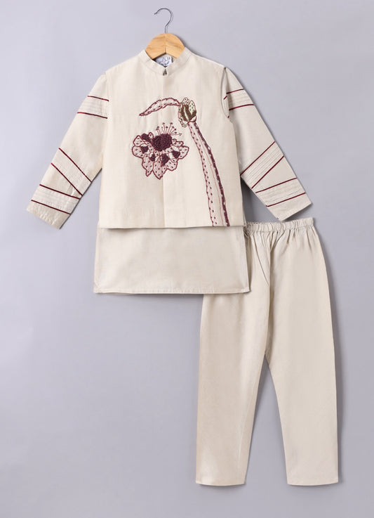 Beidge Pleated In Hand Stylish Kurta With Hand Flower And Branch Embroidery On Bundi Jacket With Pajama Set