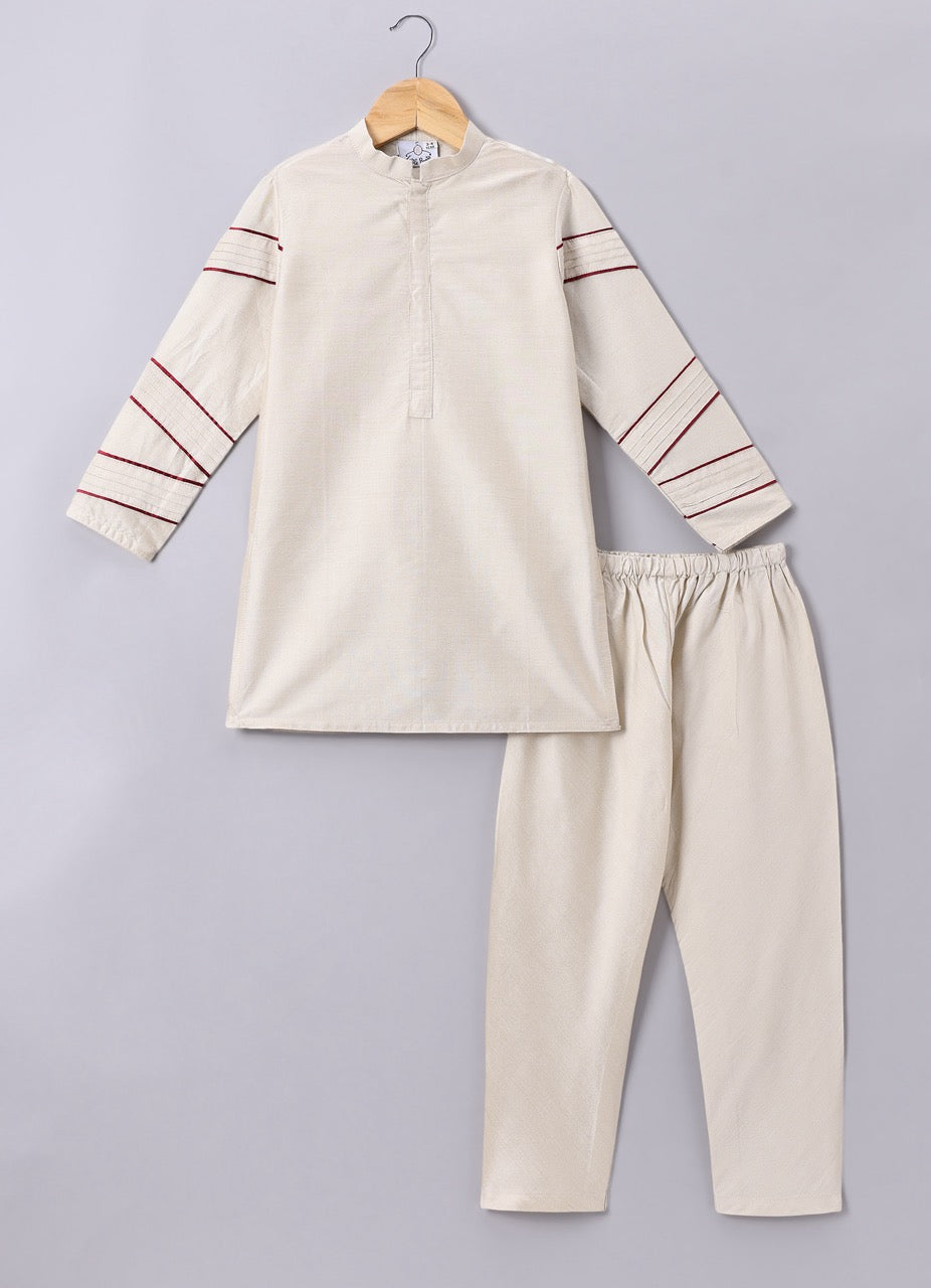 Beidge Pleated In Hand Stylish Kurta With Hand Flower And Branch Embroidery On Bundi Jacket With Pajama Set