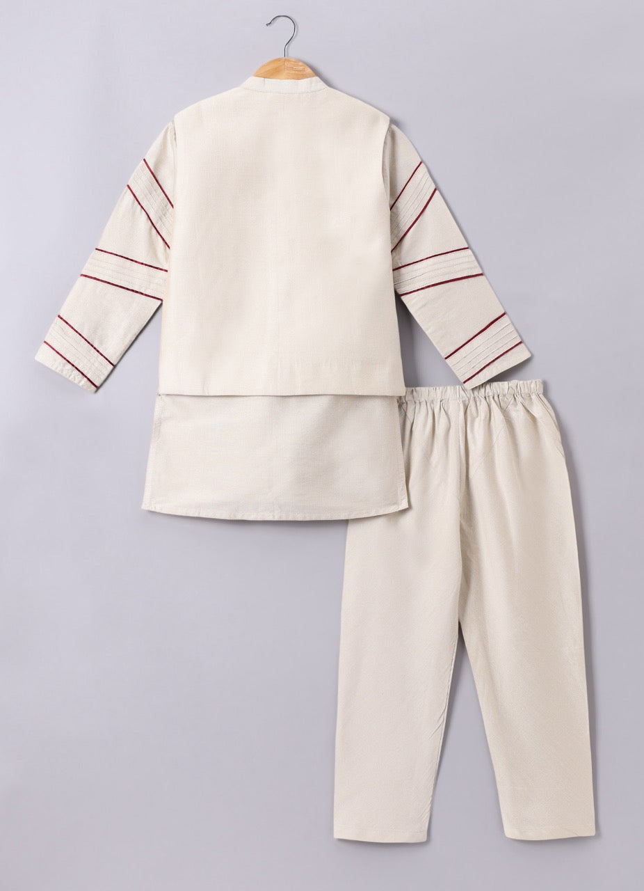 Beidge Pleated In Hand Stylish Kurta With Hand Flower And Branch Embroidery On Bundi Jacket With Pajama Set