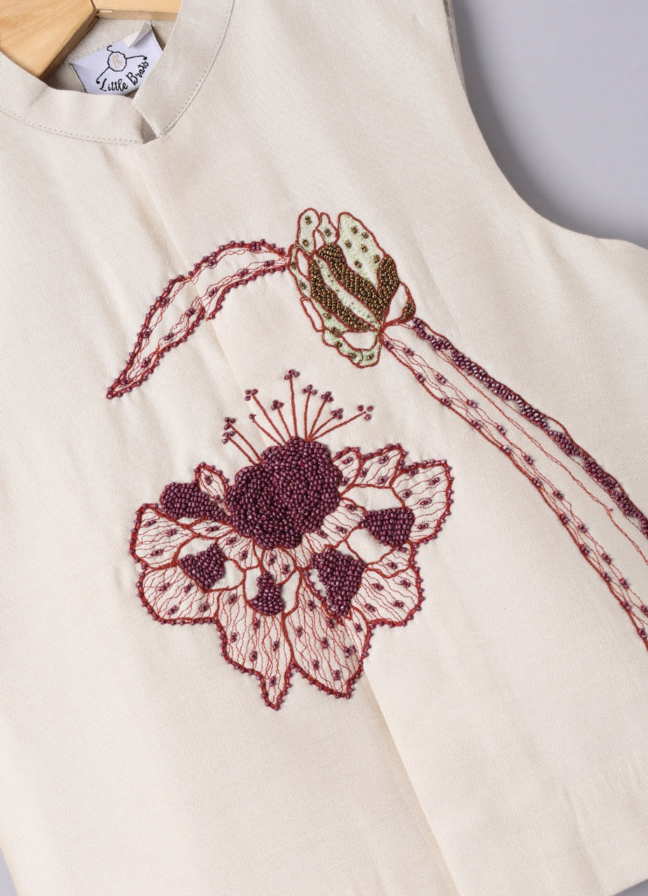 Beidge Pleated In Hand Stylish Kurta With Hand Flower And Branch Embroidery On Bundi Jacket With Pajama Set