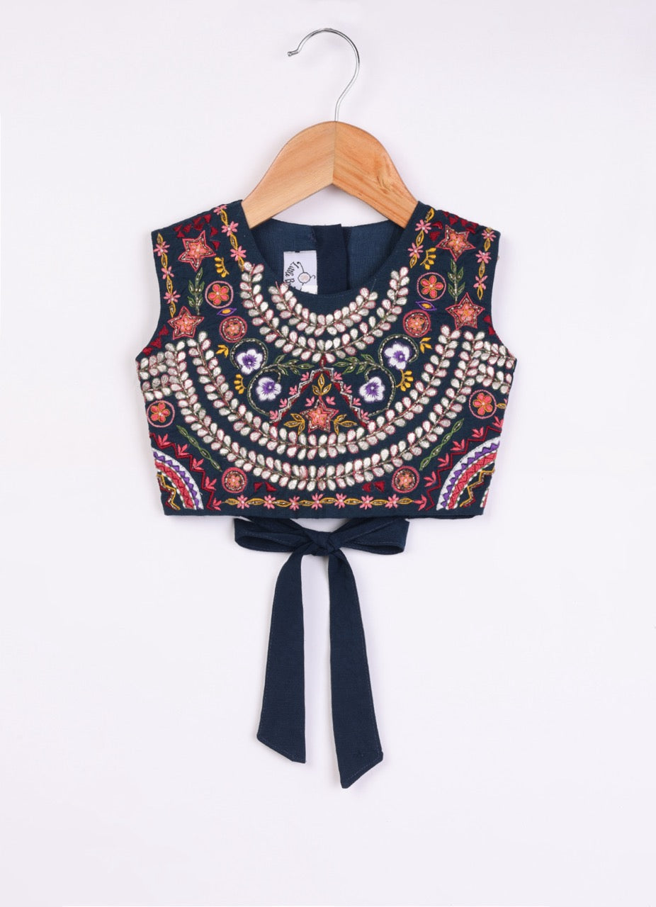 Dark Blue Heavy Gota And Thread Embroidered Blouse With Ghagara Set