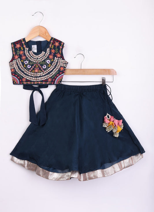 Dark Blue Heavy Gota And Thread Embroidered Blouse With Ghagara Set