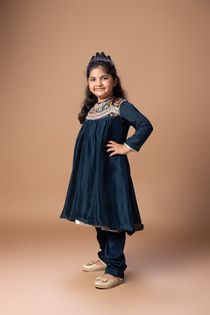 Dark Blue Heavy Gota And Tread Embroidered On Yoke Of Kurti Top With Pant Set
