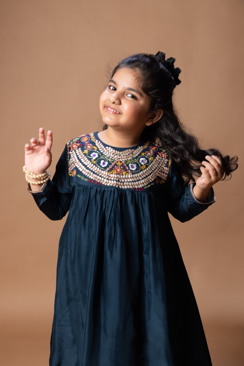 Dark Blue Heavy Gota And Tread Embroidered On Yoke Of Kurti Top With Pant Set