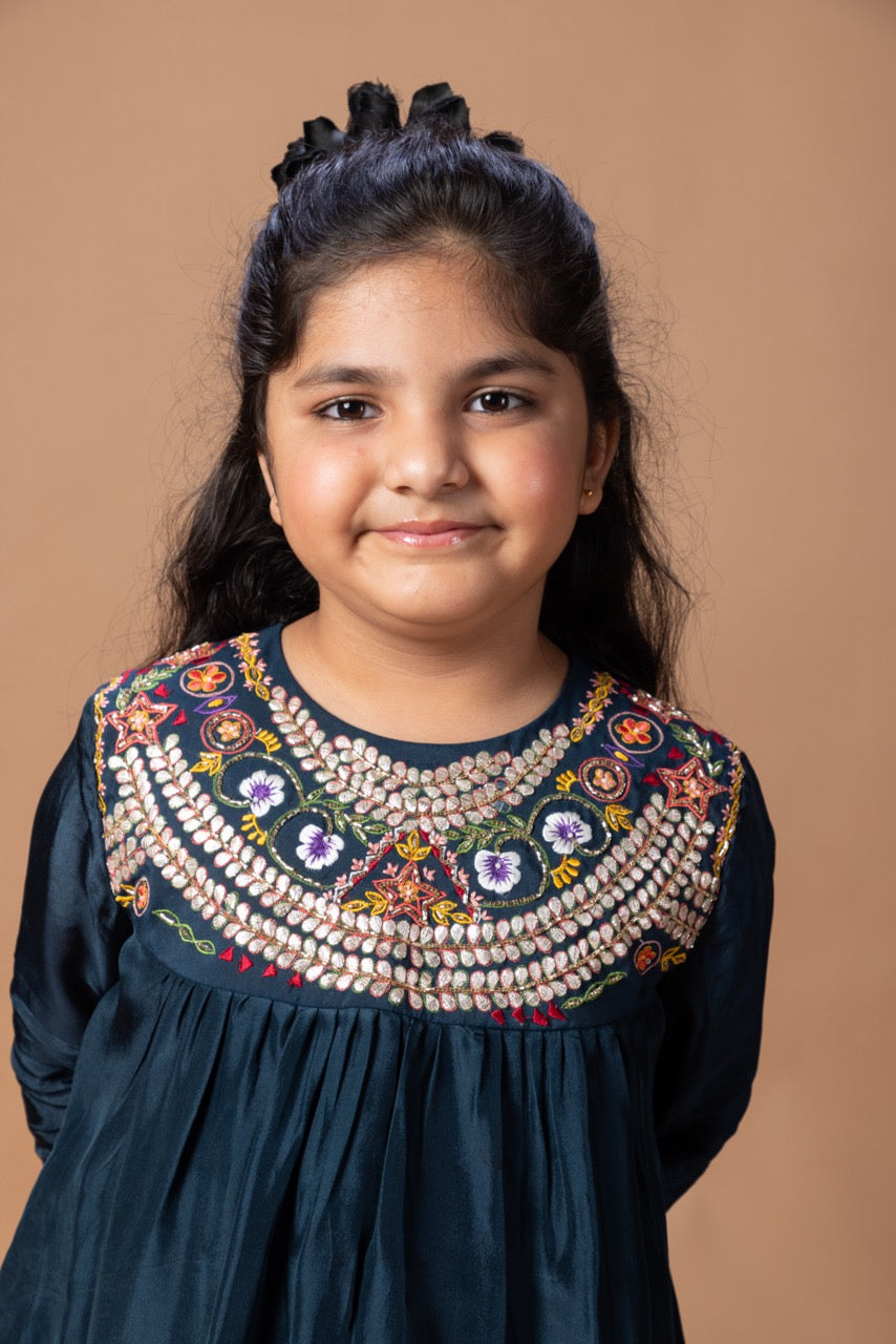 Dark Blue Heavy Gota And Tread Embroidered On Yoke Of Kurti Top With Pant Set