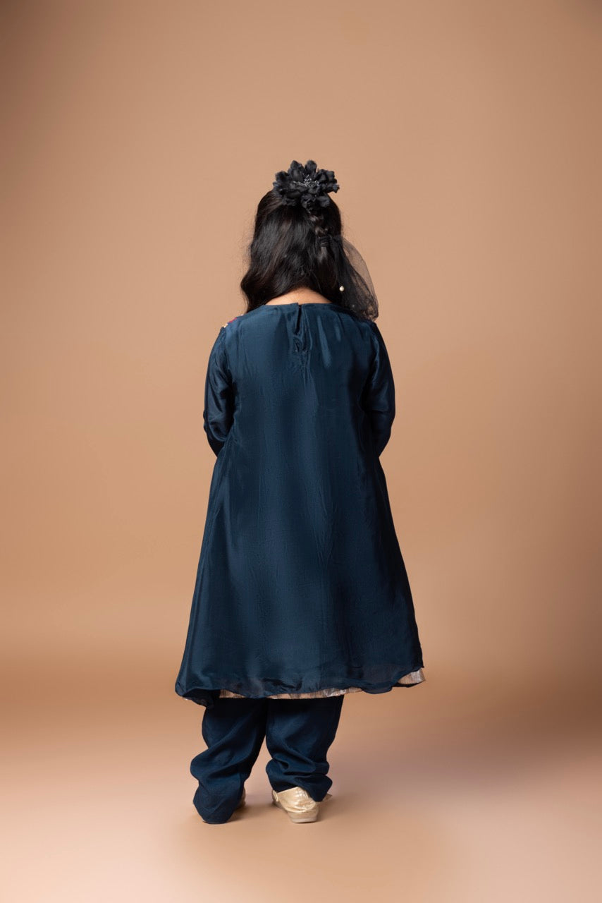 Dark Blue Heavy Gota And Tread Embroidered On Yoke Of Kurti Top With Pant Set