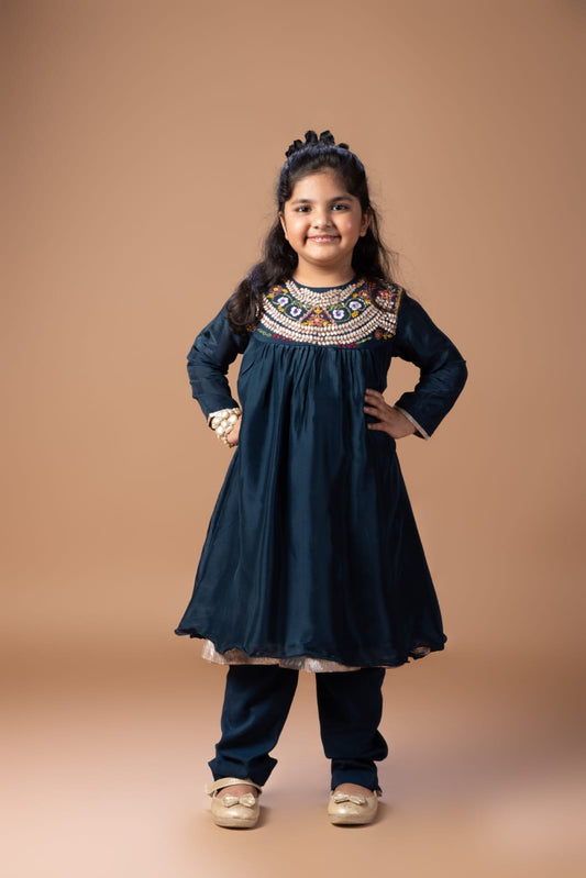 Dark Blue Heavy Gota And Tread Embroidered On Yoke Of Kurti Top With Pant Set