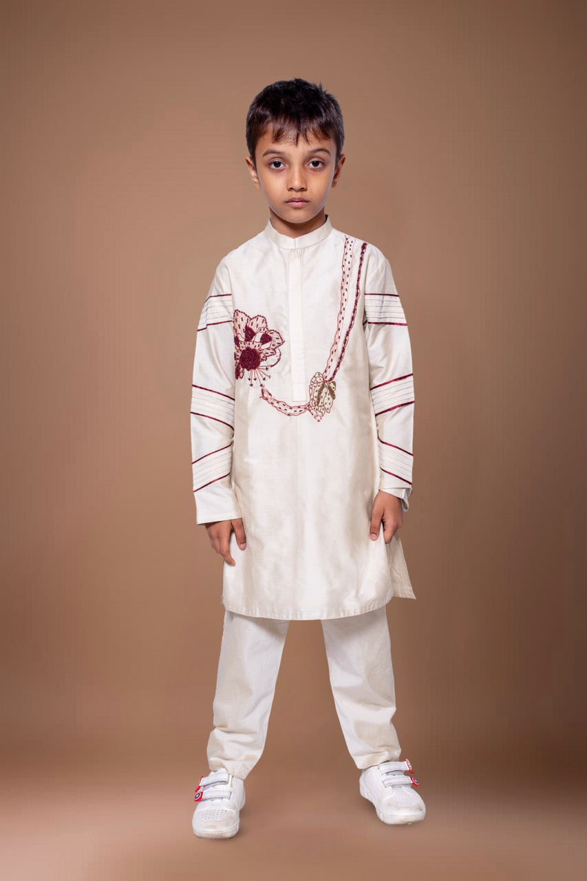 Beidge Pleated Hand Embroidered Kurta Pajama Set