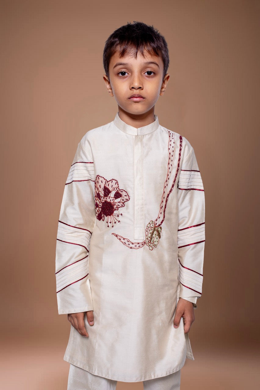Beidge Pleated Hand Embroidered Kurta Pajama Set