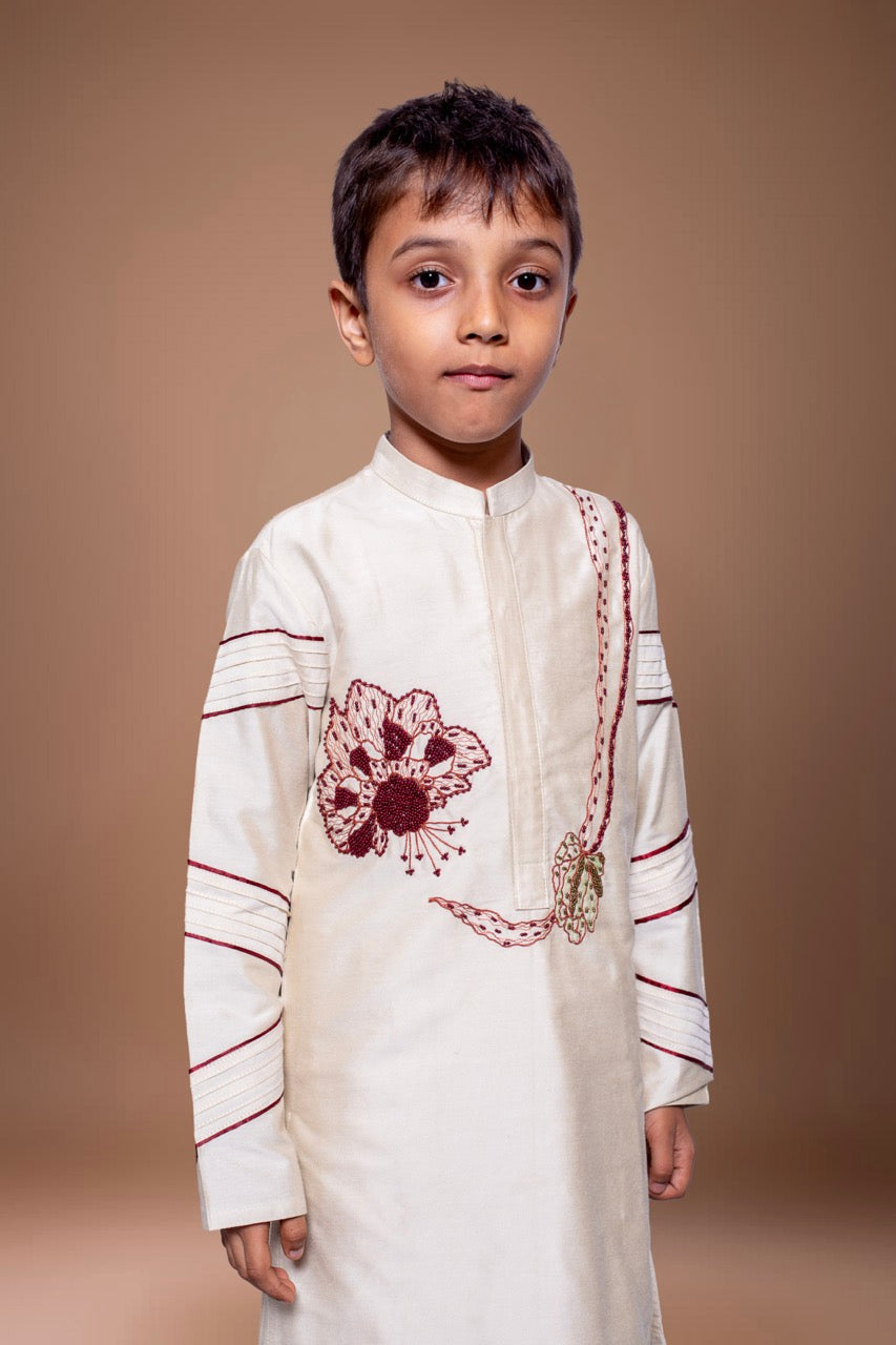 Beidge Pleated Hand Embroidered Kurta Pajama Set