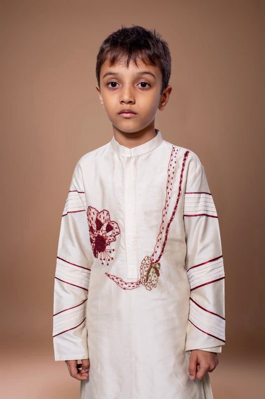 Beidge Pleated Hand Embroidered Kurta Pajama Set