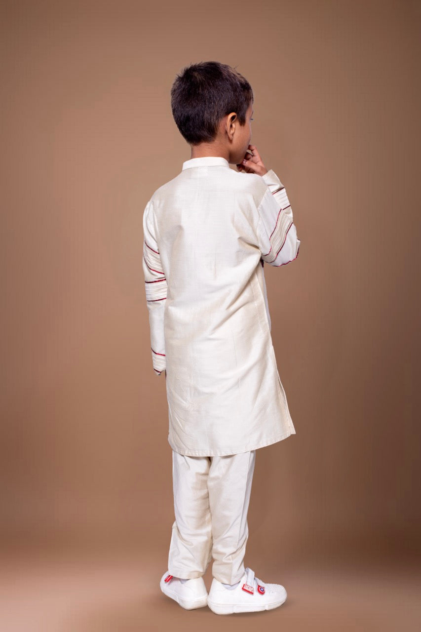Beidge Pleated Hand Embroidered Kurta Pajama Set
