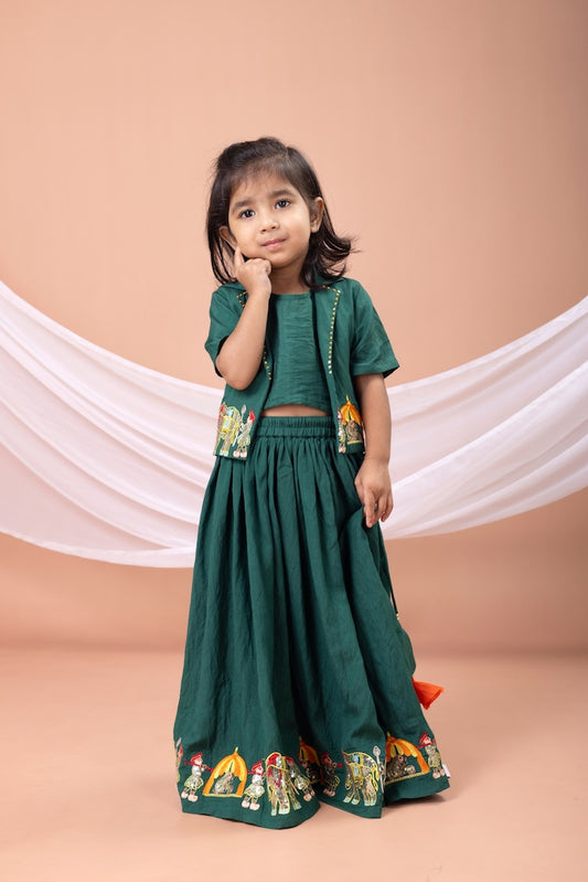 Bottle Green Palki Embroidered Blouse With Ghagara Set