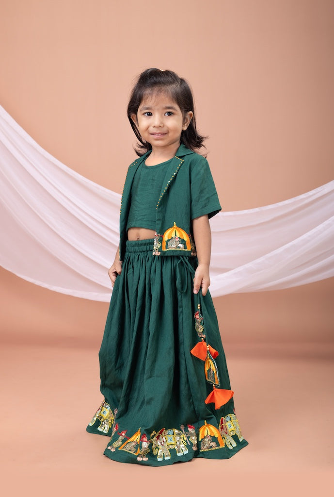 Bottle Green Palki Embroidered Blouse With Ghagara Set