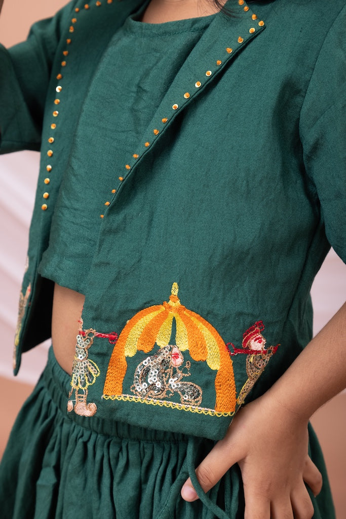 Bottle Green Palki Embroidered Blouse With Ghagara Set