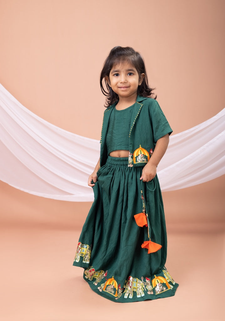 Bottle Green Palki Embroidered Blouse With Ghagara Set