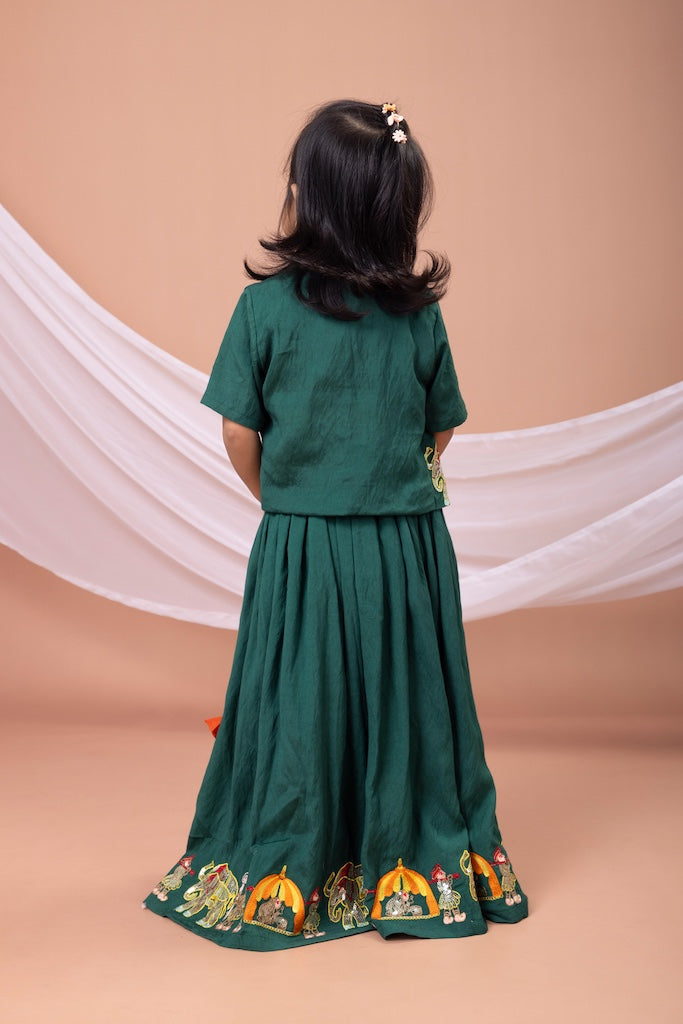 Bottle Green Palki Embroidered Blouse With Ghagara Set