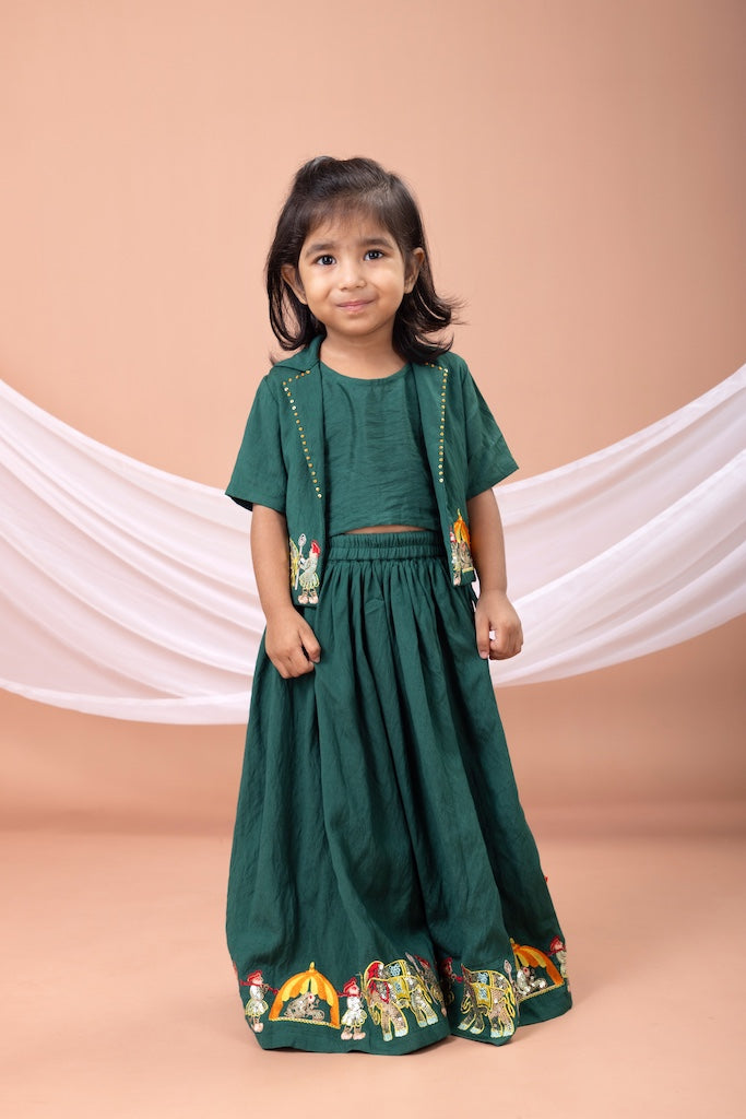 Bottle Green Palki Embroidered Blouse With Ghagara Set