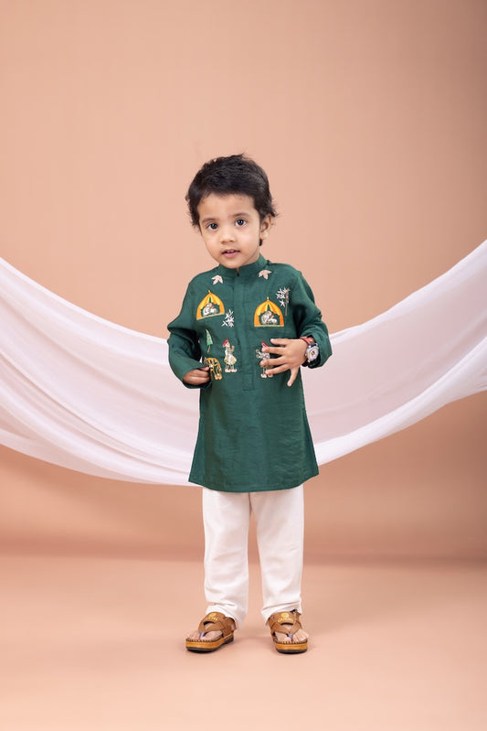 Bottle Green Palki Embroidered Kurta With Pajama Set