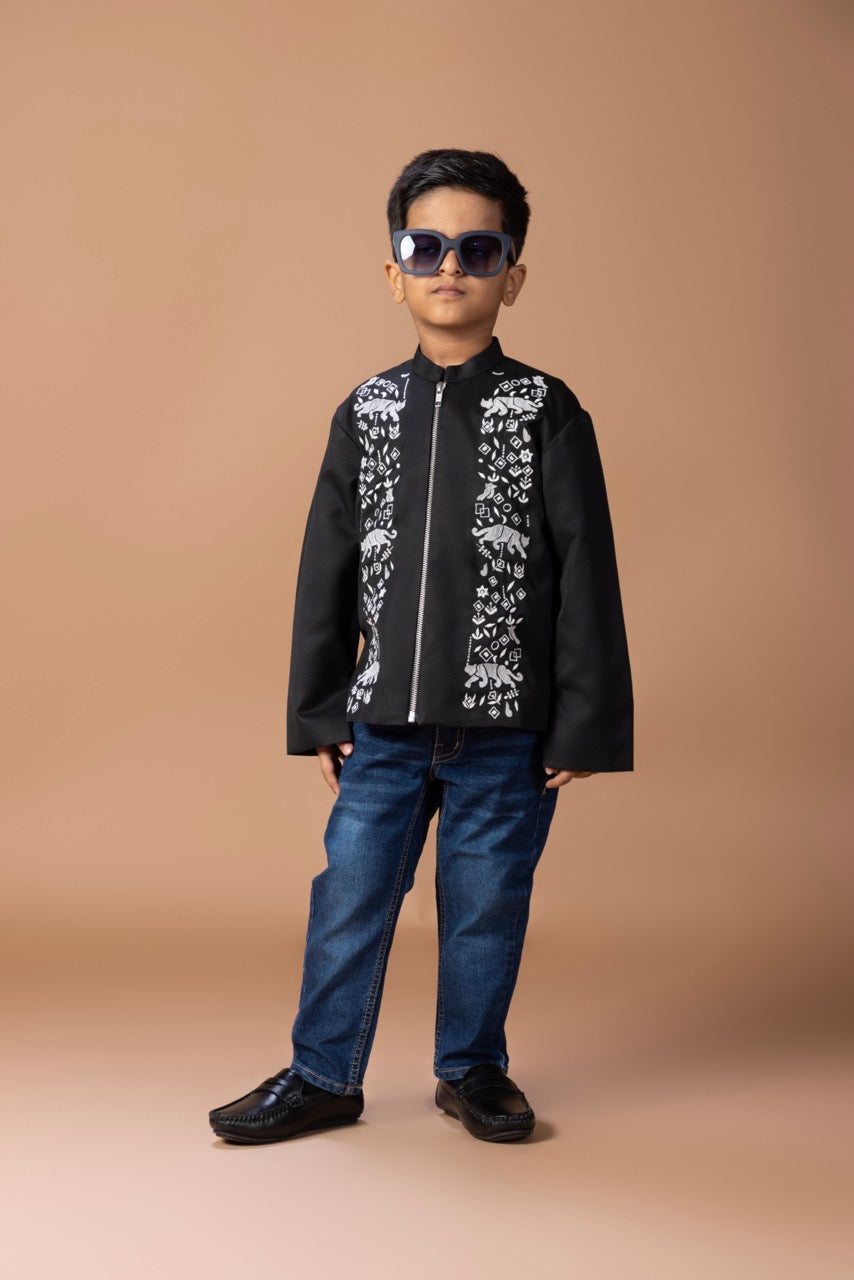 Black Heavy Assorted Embroidery Front Open Bomber Jacket Unisex