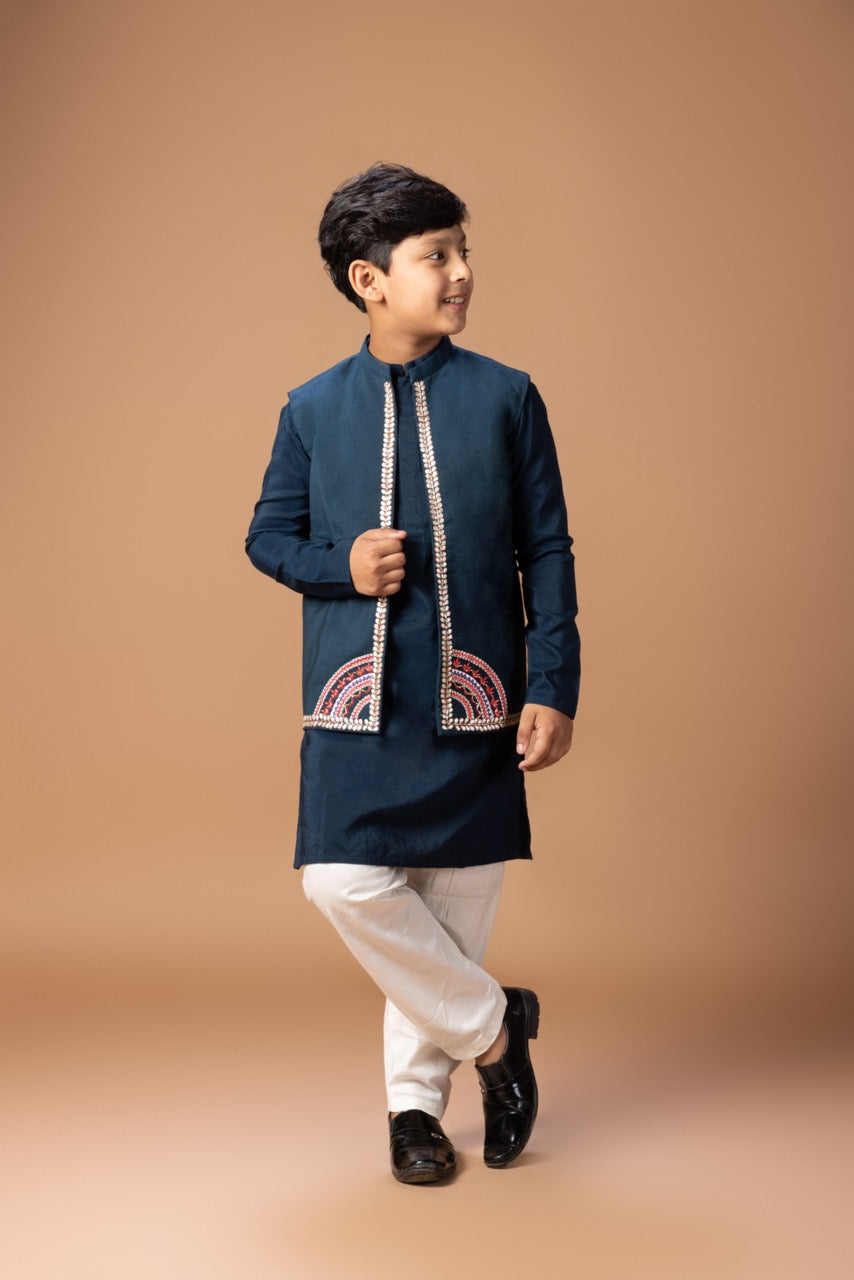 Dark Blue Kurta With Heavy Gota And Thread Embrooidered On Open Bundi Jacket With Pajama Set