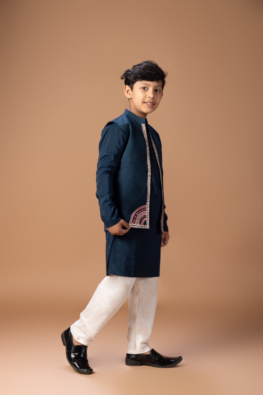 Dark Blue Kurta With Heavy Gota And Thread Embrooidered On Open Bundi Jacket With Pajama Set