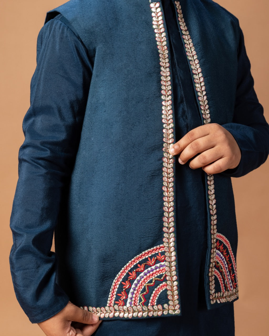Dark Blue Kurta With Heavy Gota And Thread Embrooidered On Open Bundi Jacket With Pajama Set