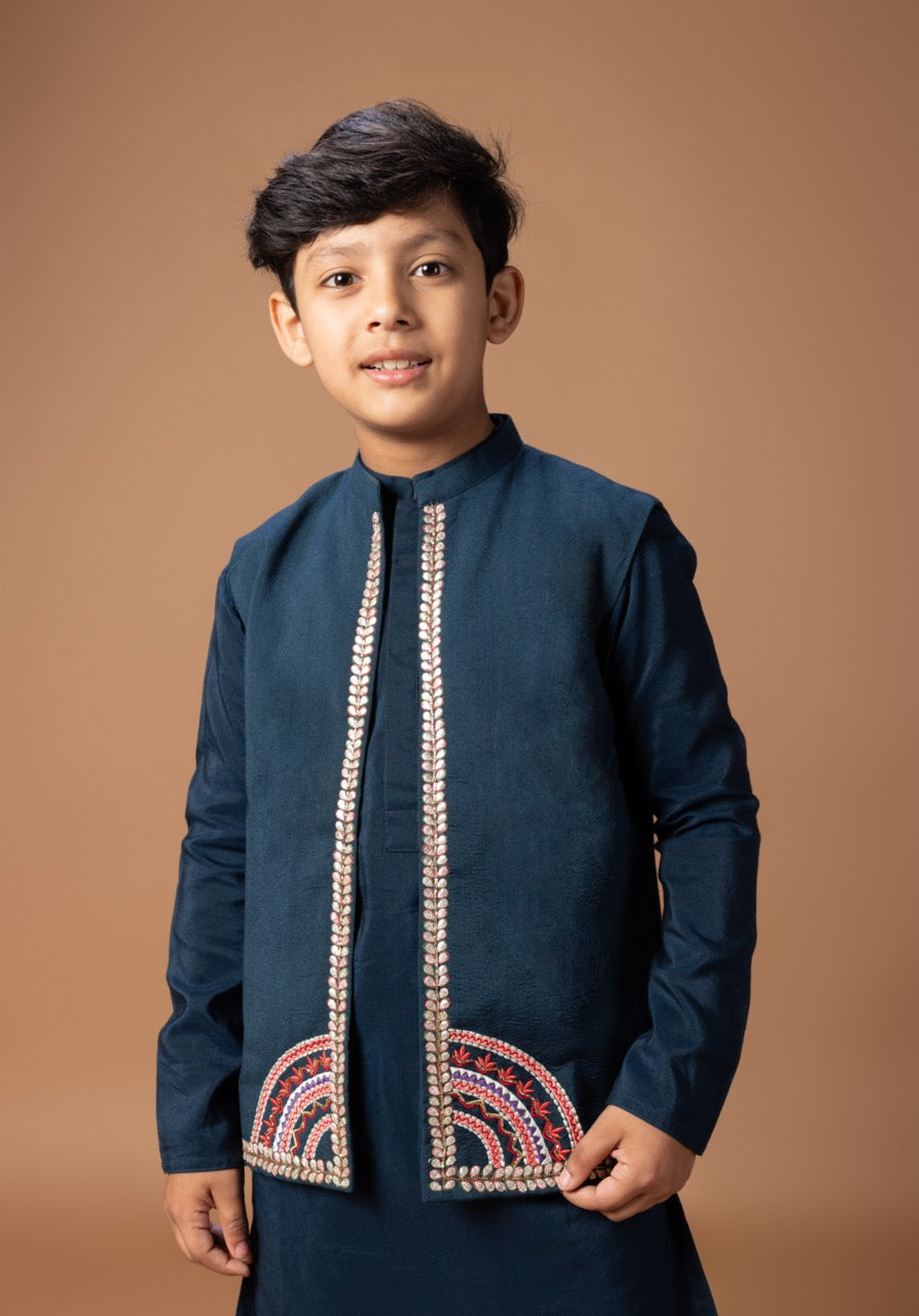 Dark Blue Kurta With Heavy Gota And Thread Embrooidered On Open Bundi Jacket With Pajama Set
