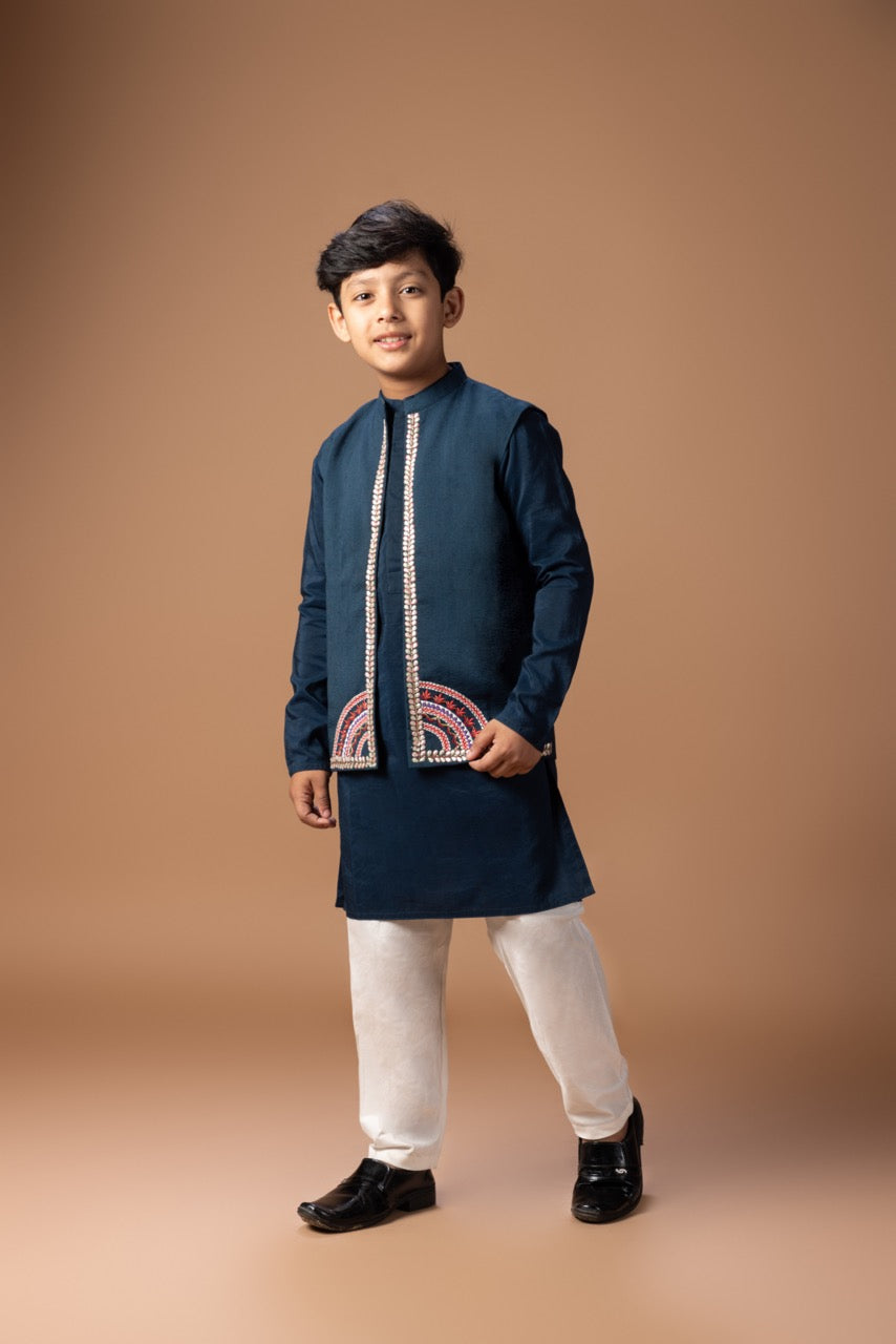 Dark Blue Kurta With Heavy Gota And Thread Embrooidered On Open Bundi Jacket With Pajama Set