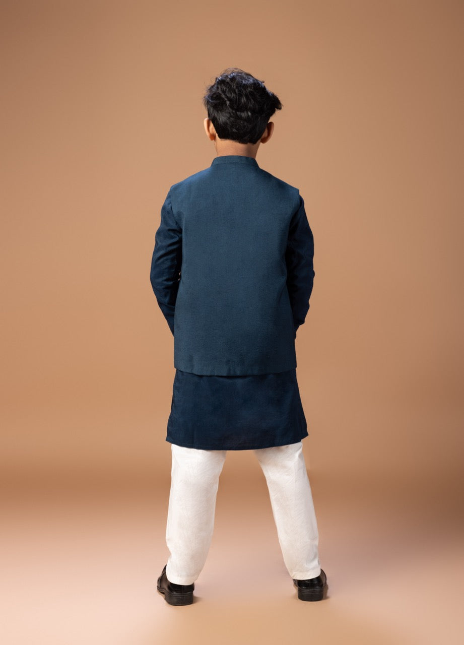 Dark Blue Kurta With Heavy Gota And Thread Embrooidered On Open Bundi Jacket With Pajama Set