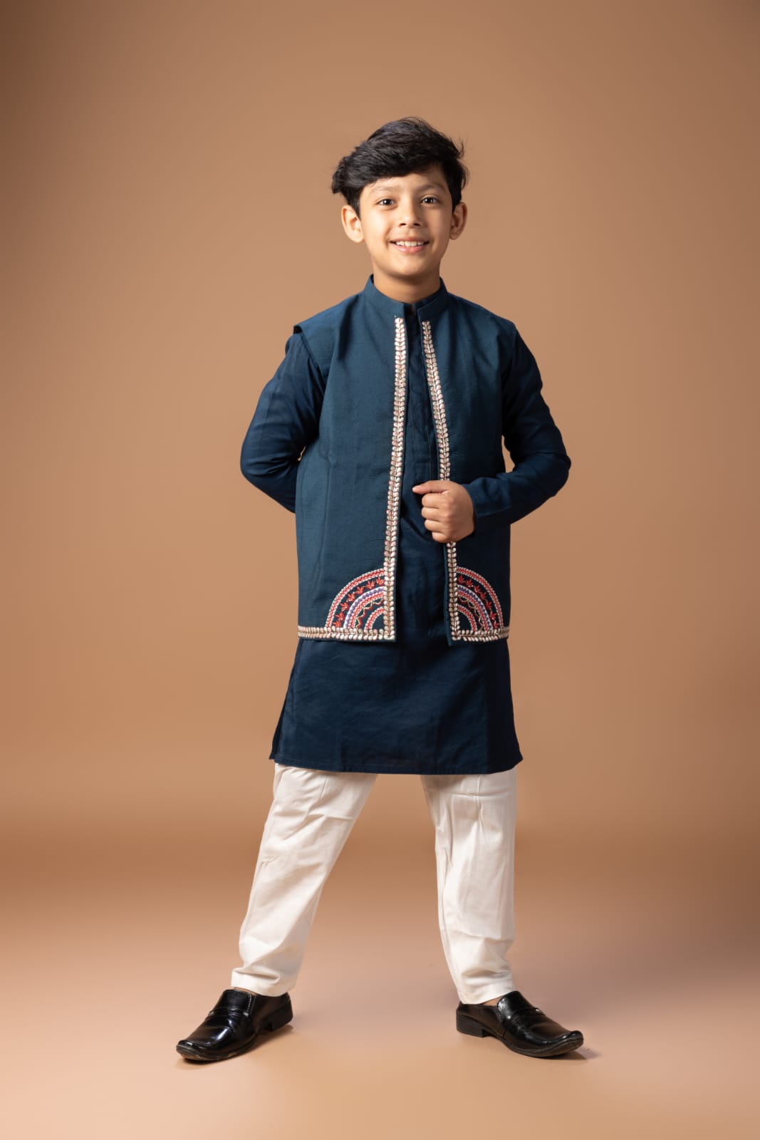 Dark Blue Kurta With Heavy Gota And Thread Embrooidered On Open Bundi Jacket With Pajama Set