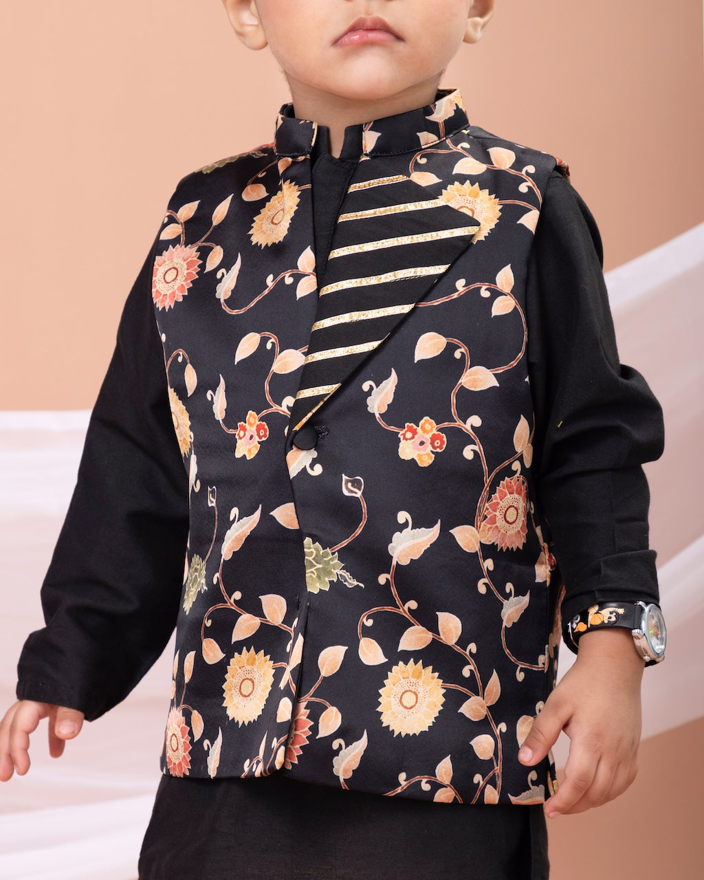 Black Kurta With Black Flower Printed Bundi Jacket With Pajama Set