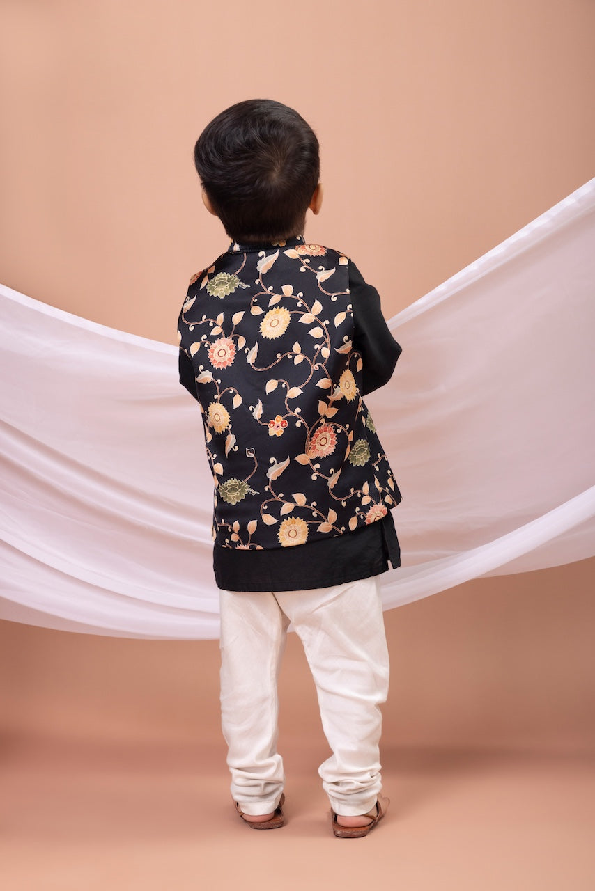 Black Kurta With Black Flower Printed Bundi Jacket With Pajama Set