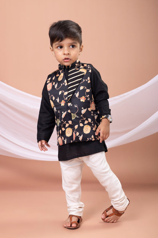 Black Kurta With Black Flower Printed Bundi Jacket With Pajama Set