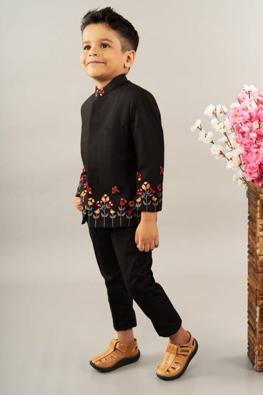 Black Prince Coat With Bird Embroidered Pant Set