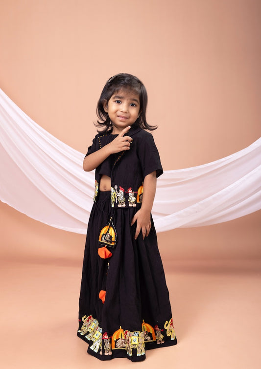 Black Palki Embroidered Blouse With Ghagara Set