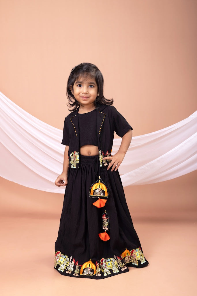 Black Palki Embroidered Blouse With Ghagara Set