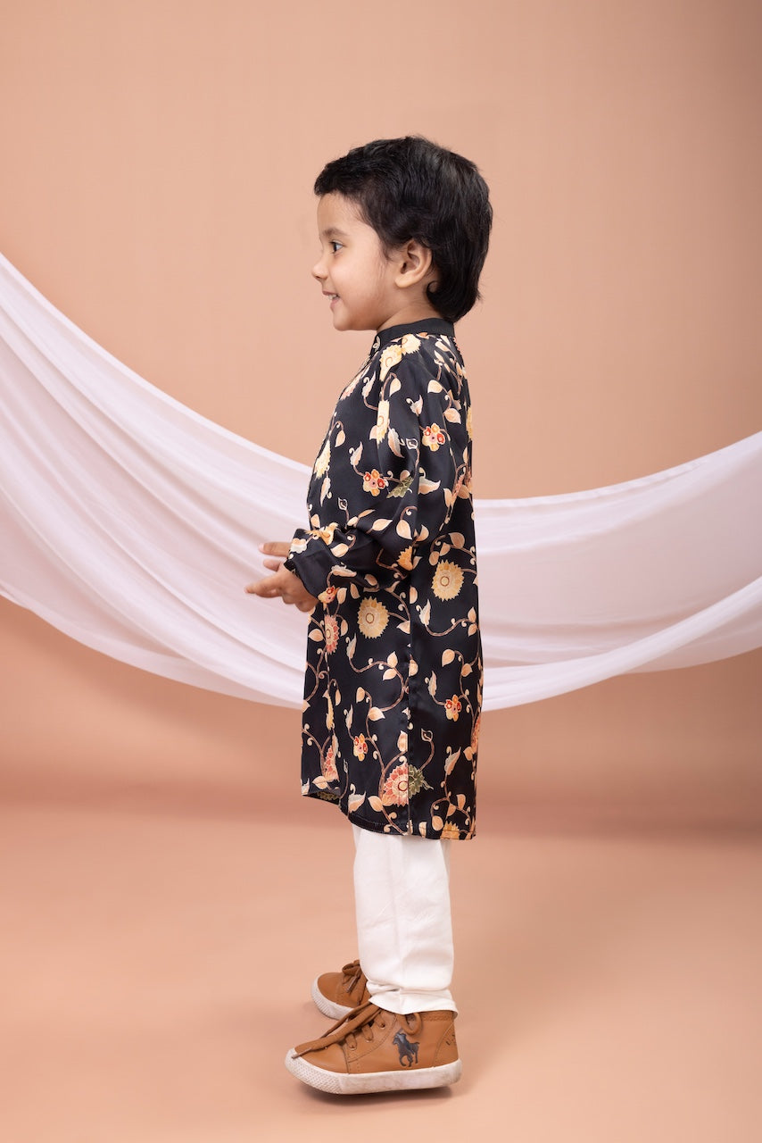 Black Flower Printed Kurta With Pajama Set