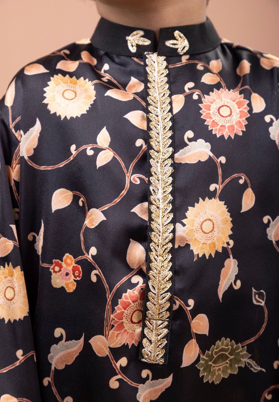Black Flower Printed Kurta With Pajama Set