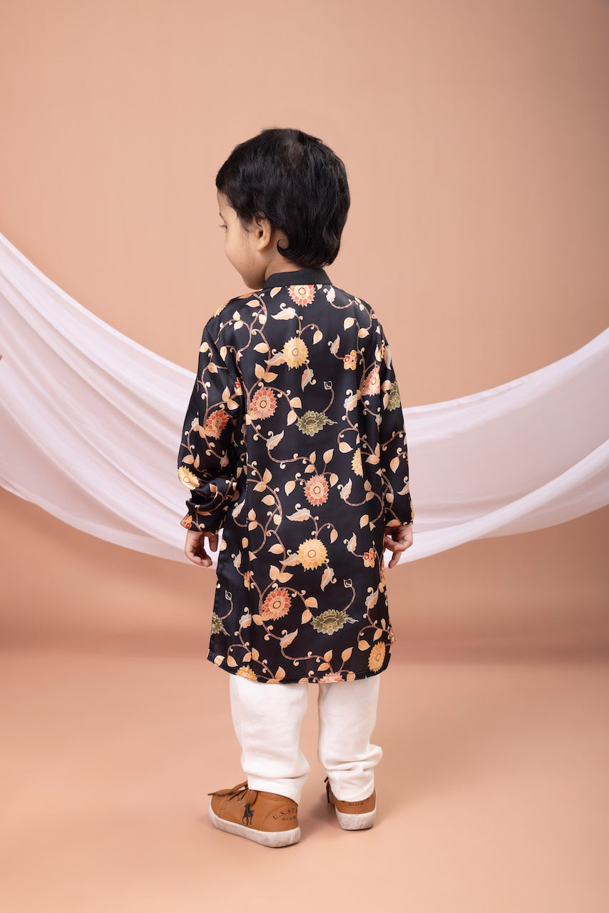 Black Flower Printed Kurta With Pajama Set