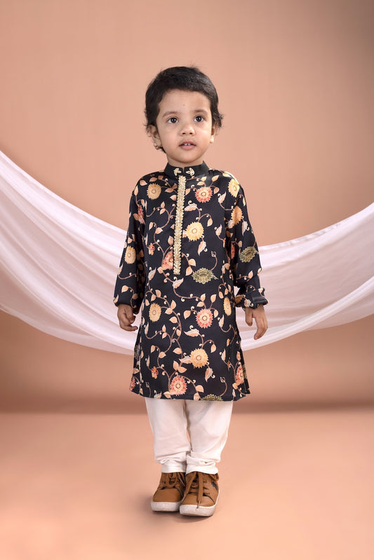 Black Flower Printed Kurta With Pajama Set