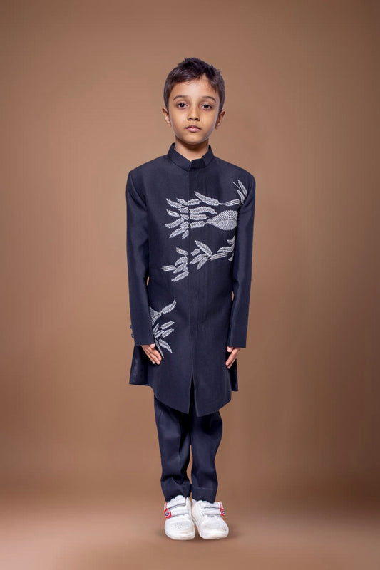 Black Sherwani With Leaf Hand Embroidery Pajama Set