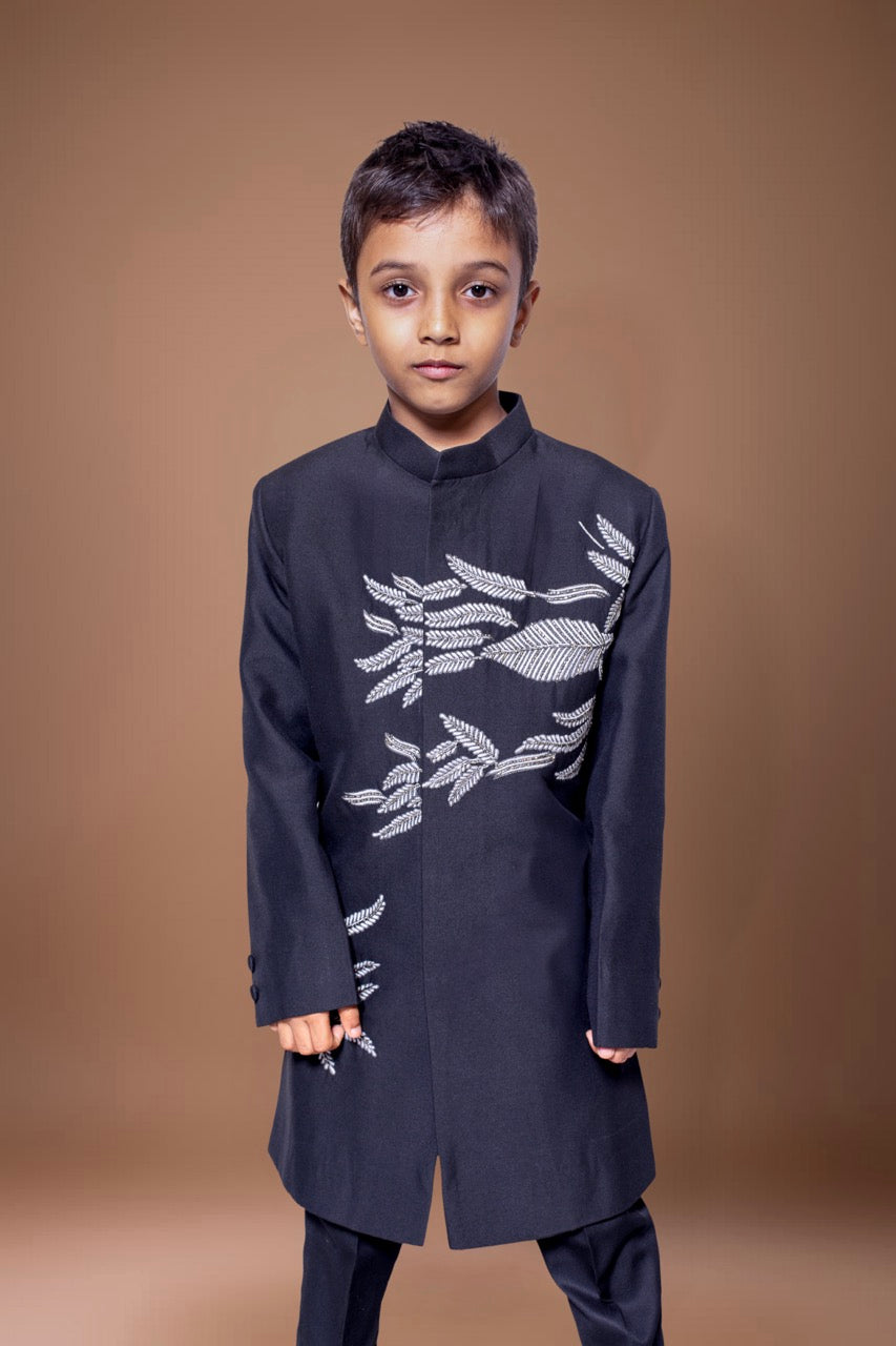 Black Sherwani With Leaf Hand Embroidery Pajama Set